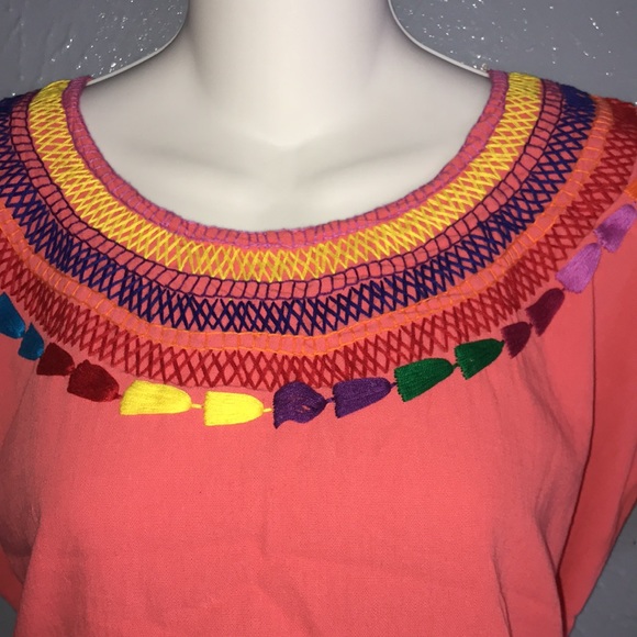 Rainbow Embroidered Mexican Artisan Coral  Top - Picture 7 of 11